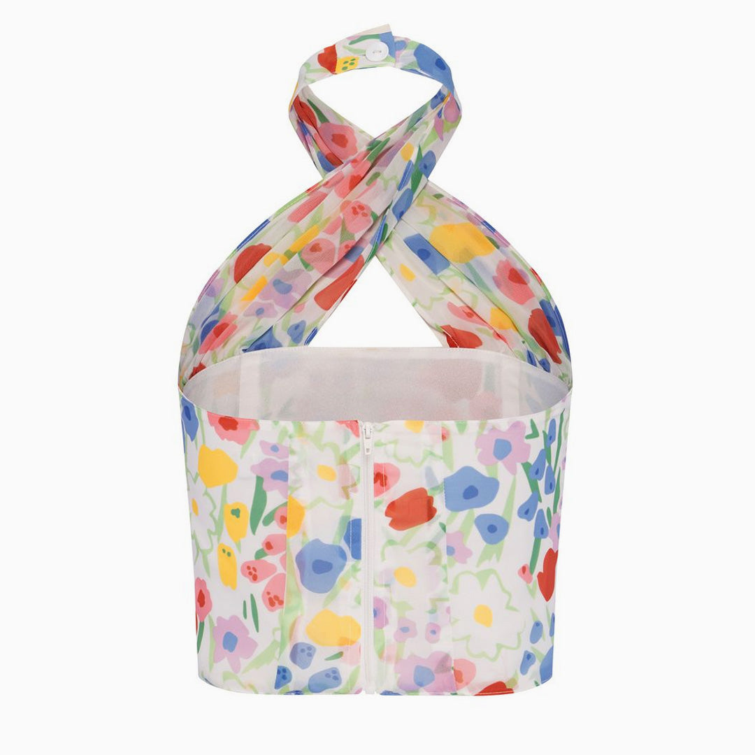 Buntes Niedliches Blumenmuster Crop Top mit Kreuzträgern und Reißverschluss
