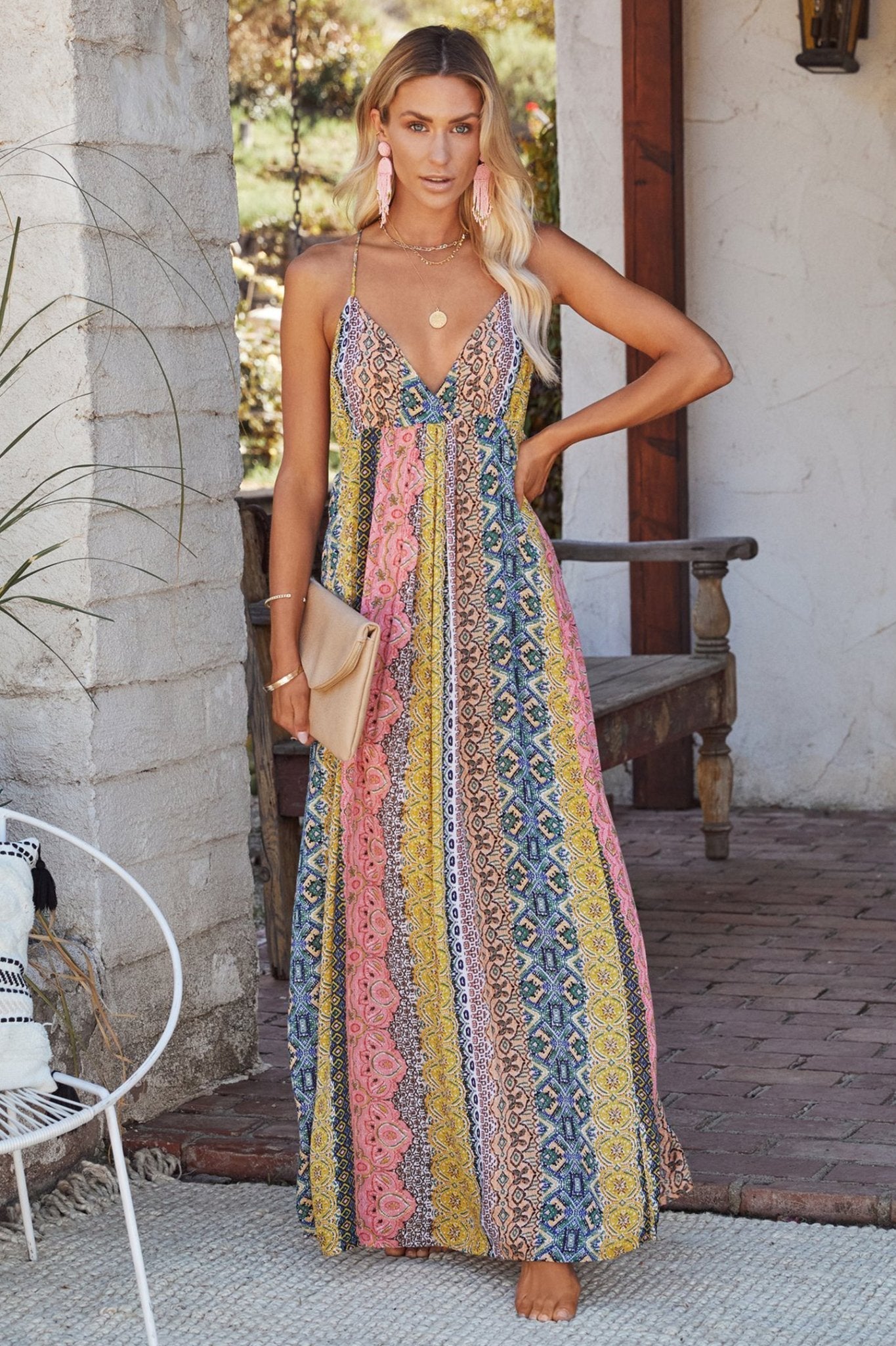 Gestreiftes, Bedrucktes Rückenfreies Maxi-Sommerkleid