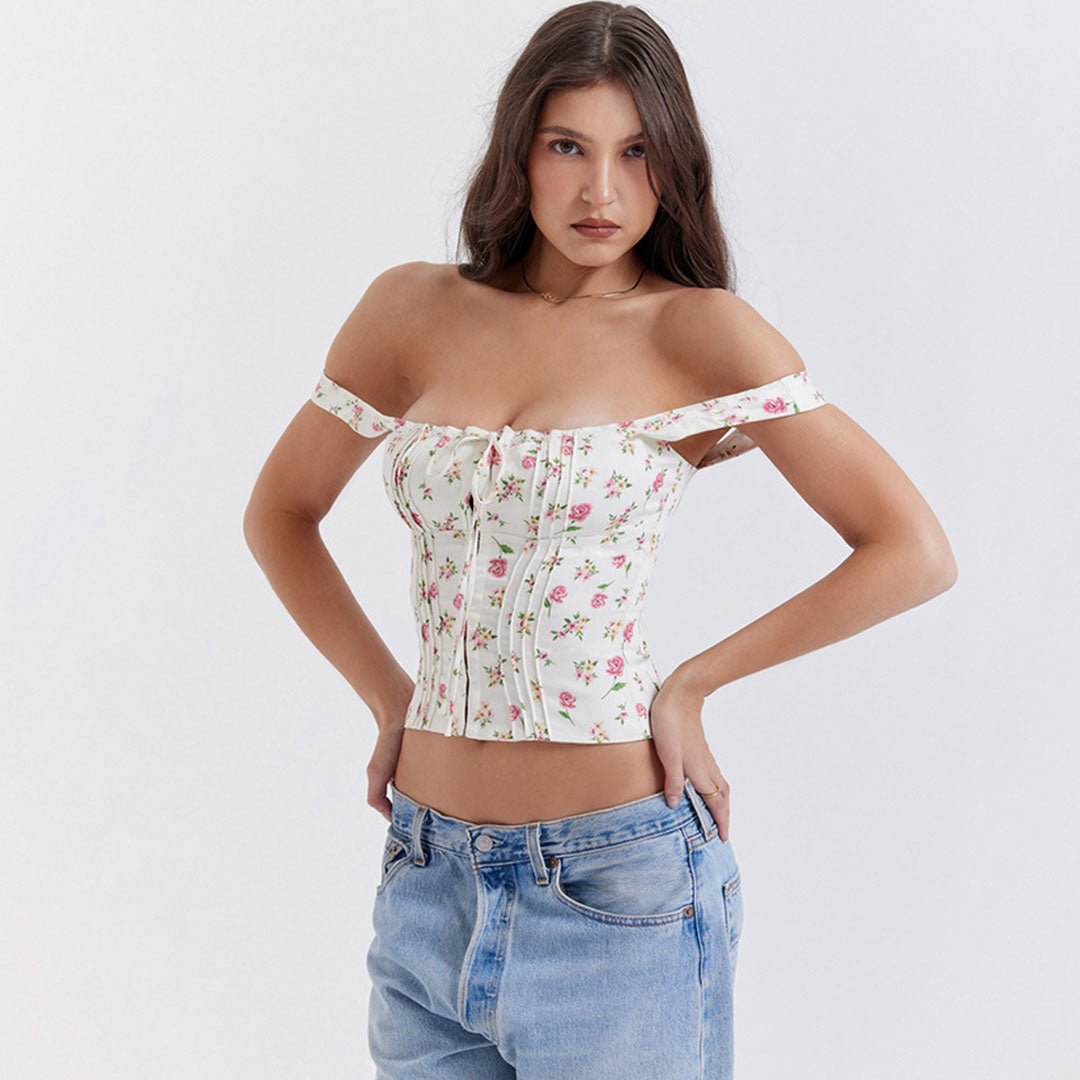 Rosafarbenes Riemchen-Bustier Mit Blumenmuster – Frisch Geschnürter, Quadratischer Ausschnitt Und Rüschendetail
