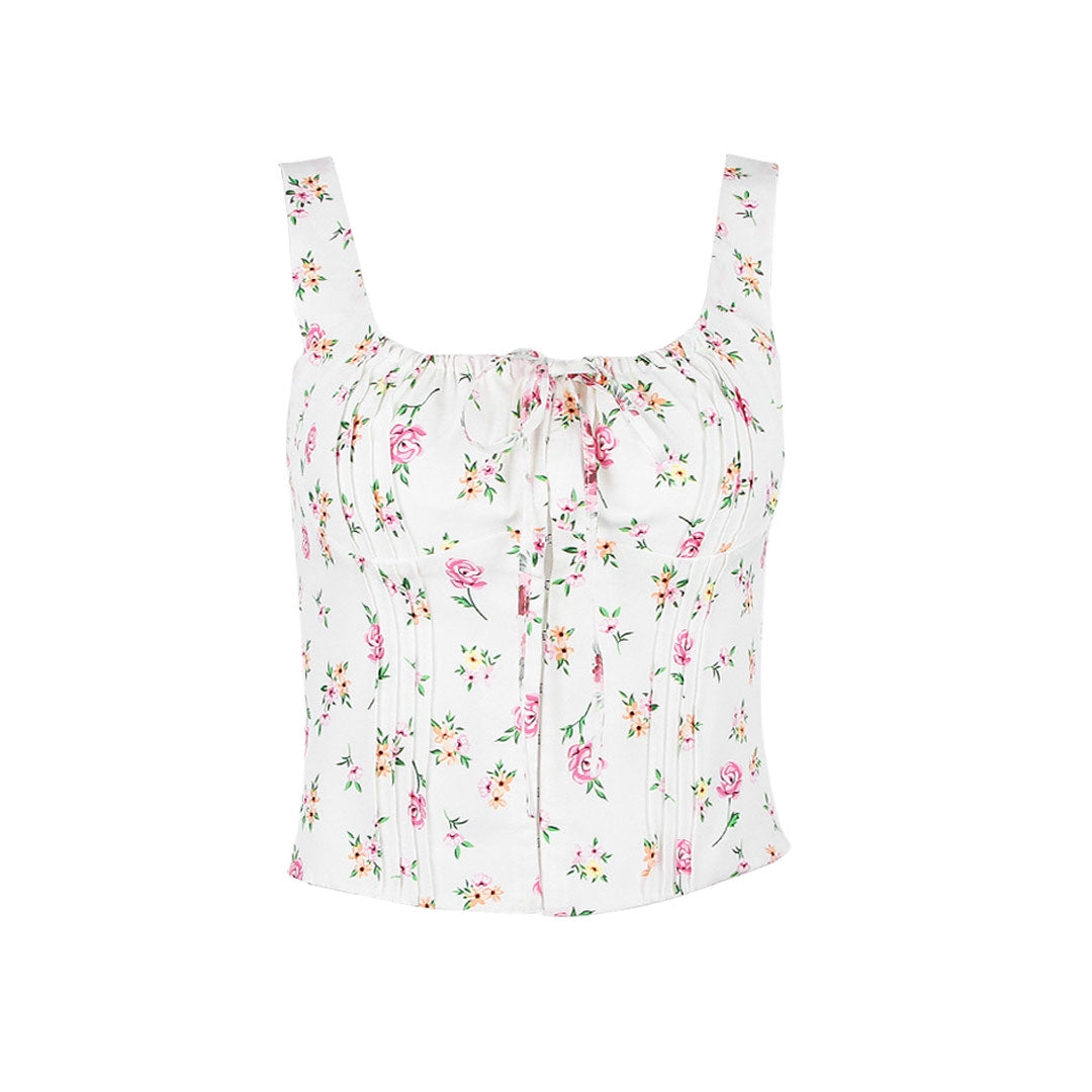 Rosafarbenes Riemchen-Bustier Mit Blumenmuster – Frisch Geschnürter, Quadratischer Ausschnitt Und Rüschendetail