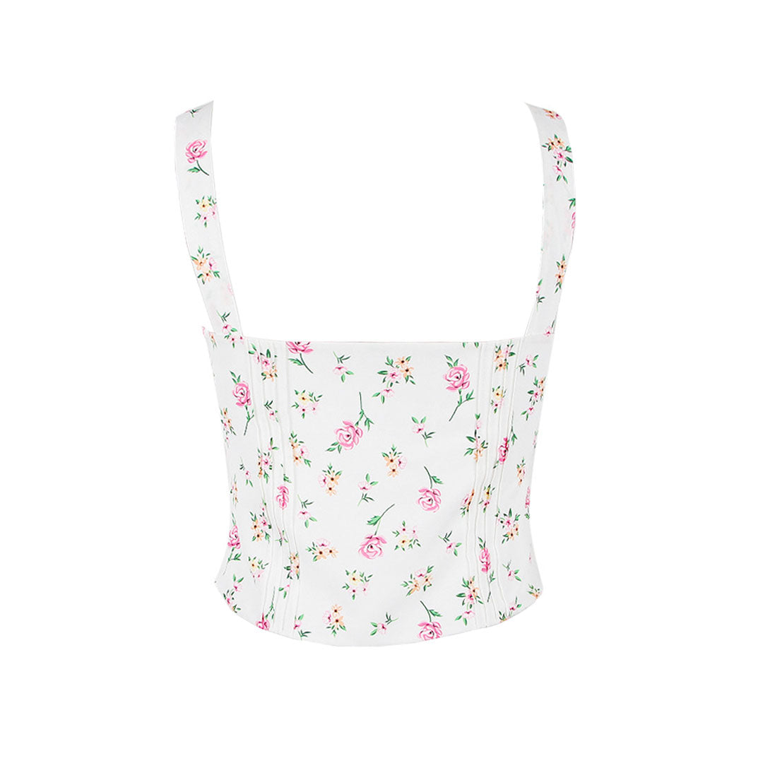 Rosafarbenes Riemchen-Bustier Mit Blumenmuster – Frisch Geschnürter, Quadratischer Ausschnitt Und Rüschendetail
