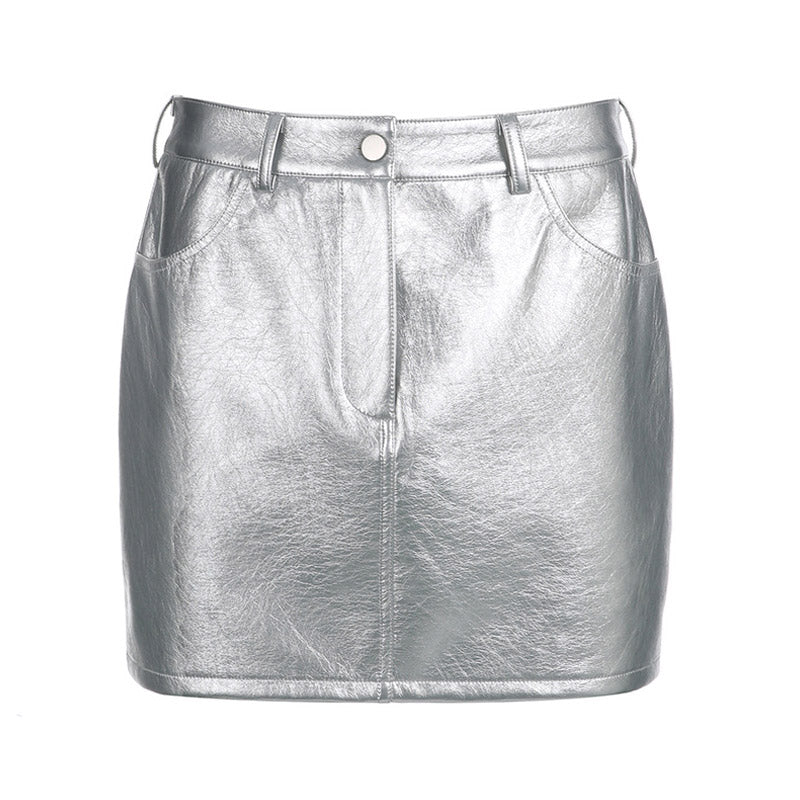Futuristischer Metallic-Minirock Mit Hohem Bund Und Einem Knopf - Silber
