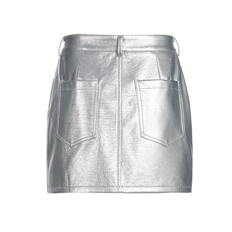 Futuristischer Metallic-Minirock Mit Hohem Bund Und Einem Knopf - Silber