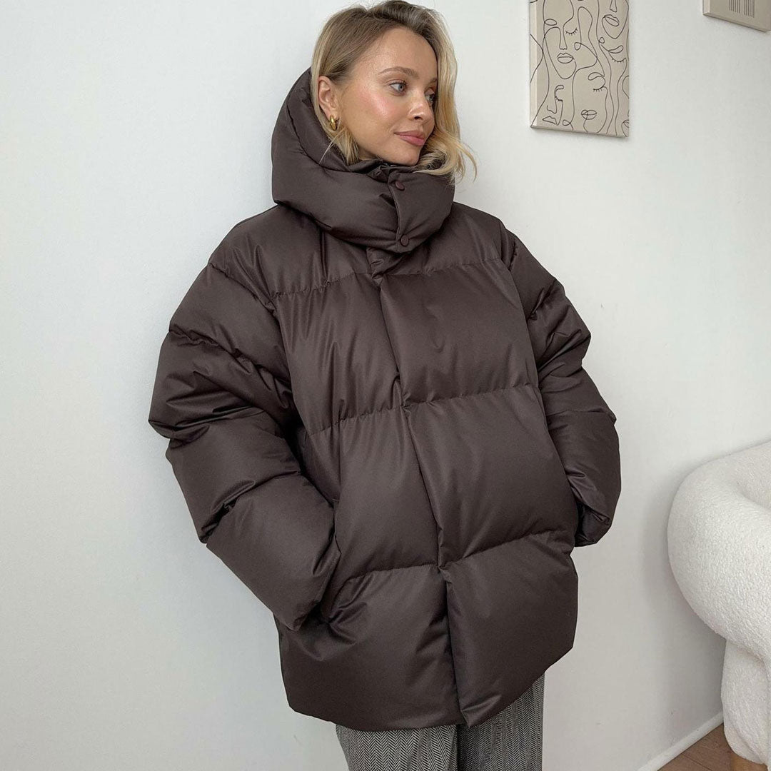 Moderner Oversize-Winter-Puffermantel Mit Zweiwege-Kapuze Und Hohem Kragen