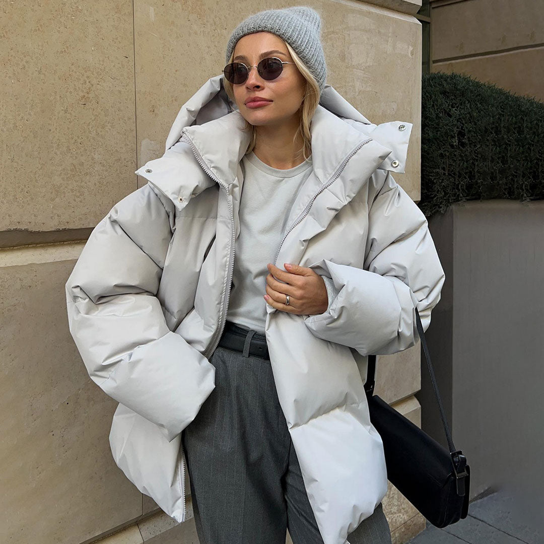 Moderner Oversize-Winter-Puffermantel Mit Zweiwege-Kapuze Und Hohem Kragen