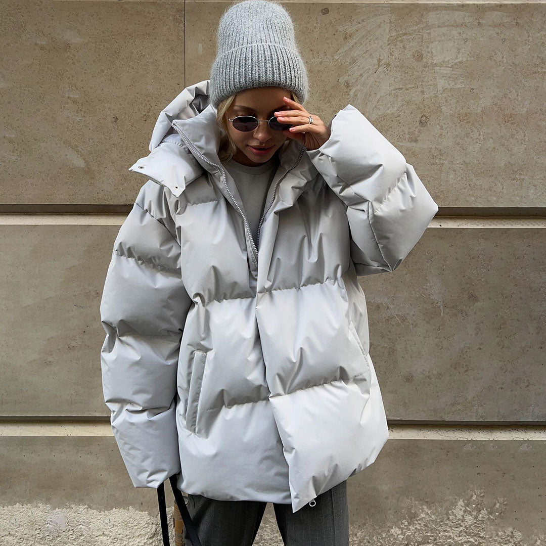 Moderner Oversize-Winter-Puffermantel Mit Zweiwege-Kapuze Und Hohem Kragen