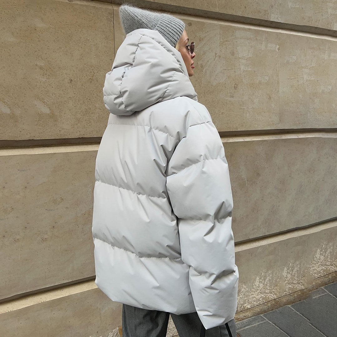 Moderner Oversize-Winter-Puffermantel Mit Zweiwege-Kapuze Und Hohem Kragen