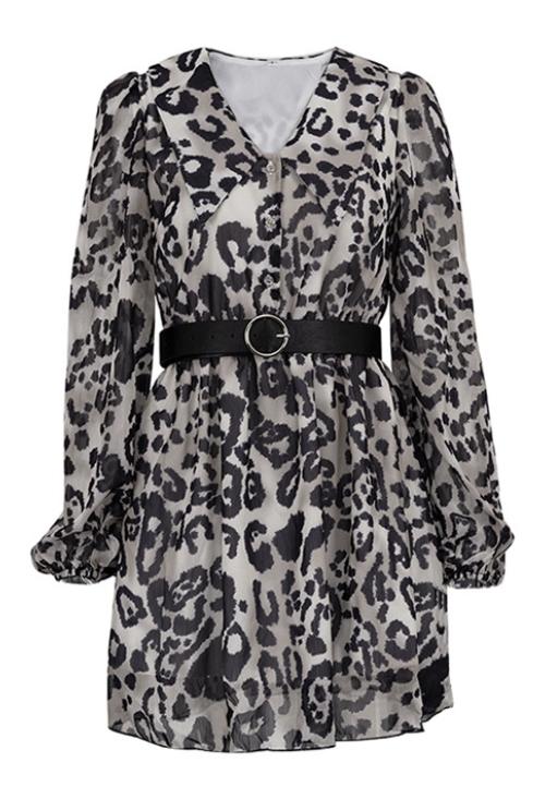 Gemustertes Chiffon-Minikleid Mit V-Ausschnitt Und Taillengürtel