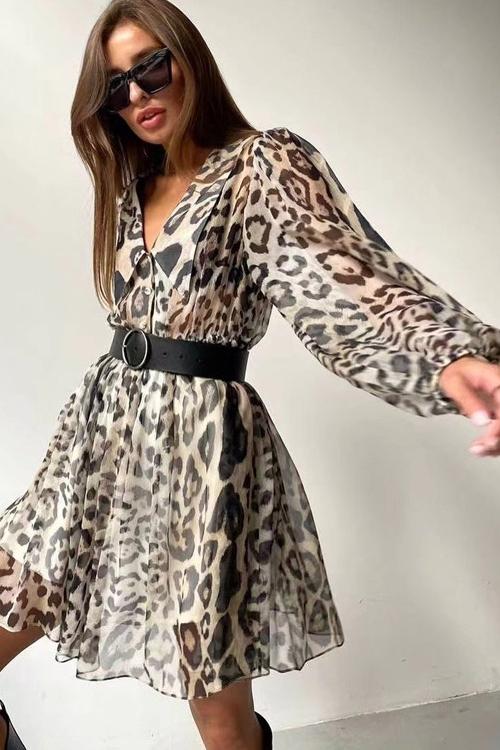 Gemustertes Chiffon-Minikleid Mit V-Ausschnitt Und Taillengürtel