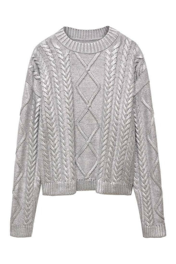 Zopfmusterpullover Mit Metallicfolienstruktur