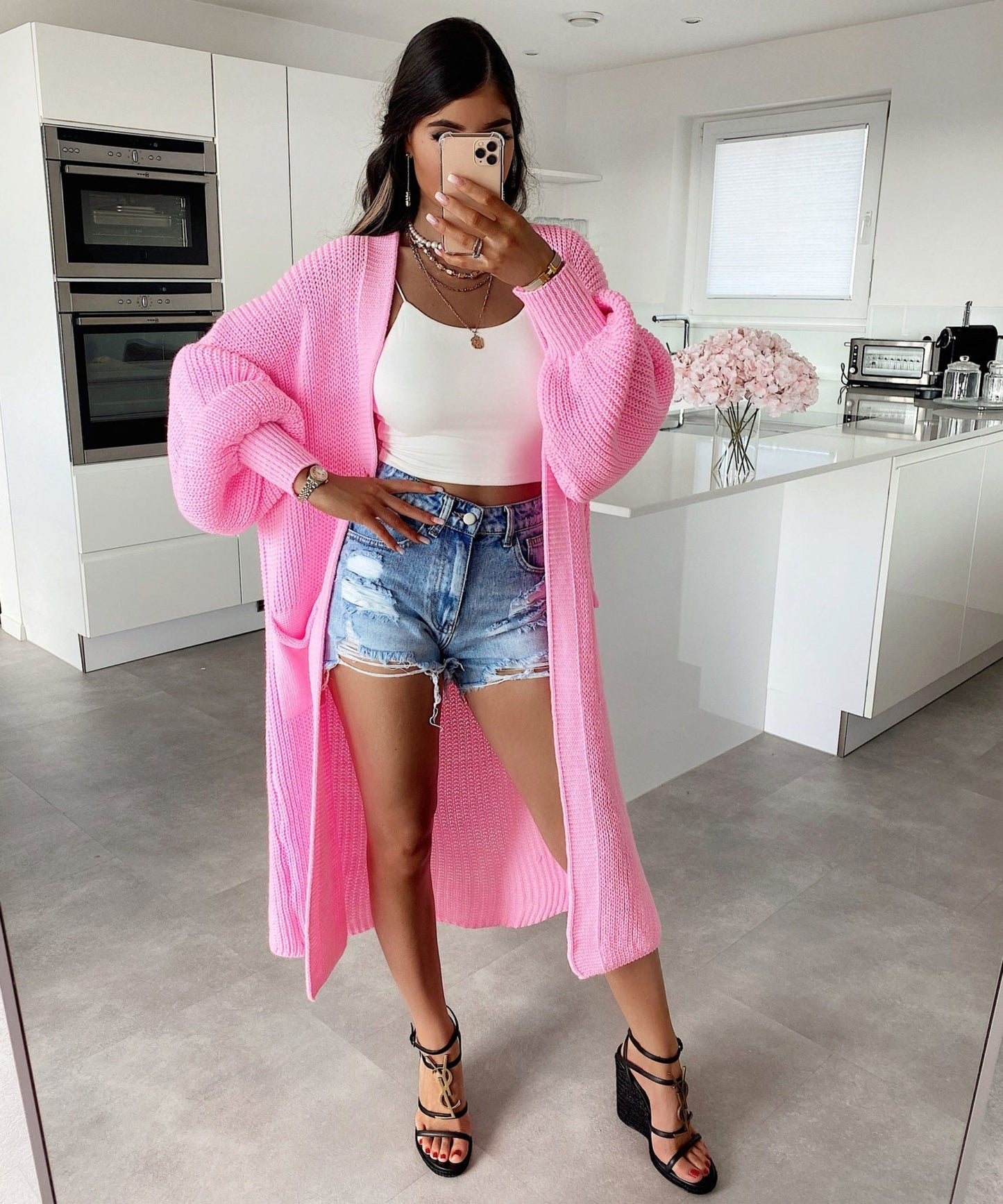 Hellrosa Maxi-Strickjacke
