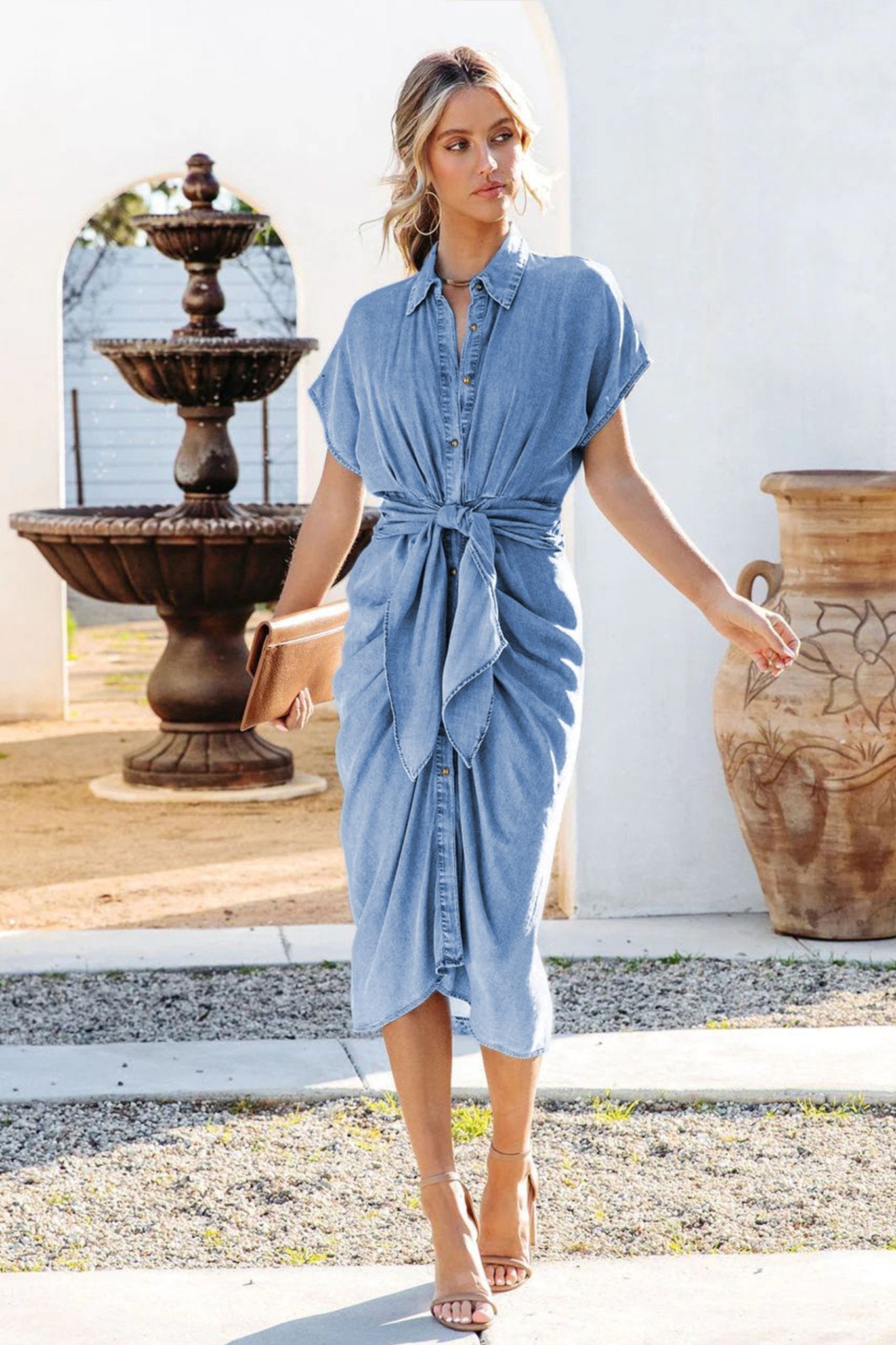 Midi-Hemdkleid Aus Denim Mit Raffung Und Knotendetail