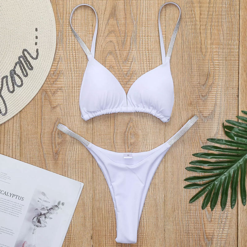 Triangel-Bikini-Set İm Brasilianischen Stil Zum Hineinschlüpfen Mit Funkelndem Strassdetail - Weiß
