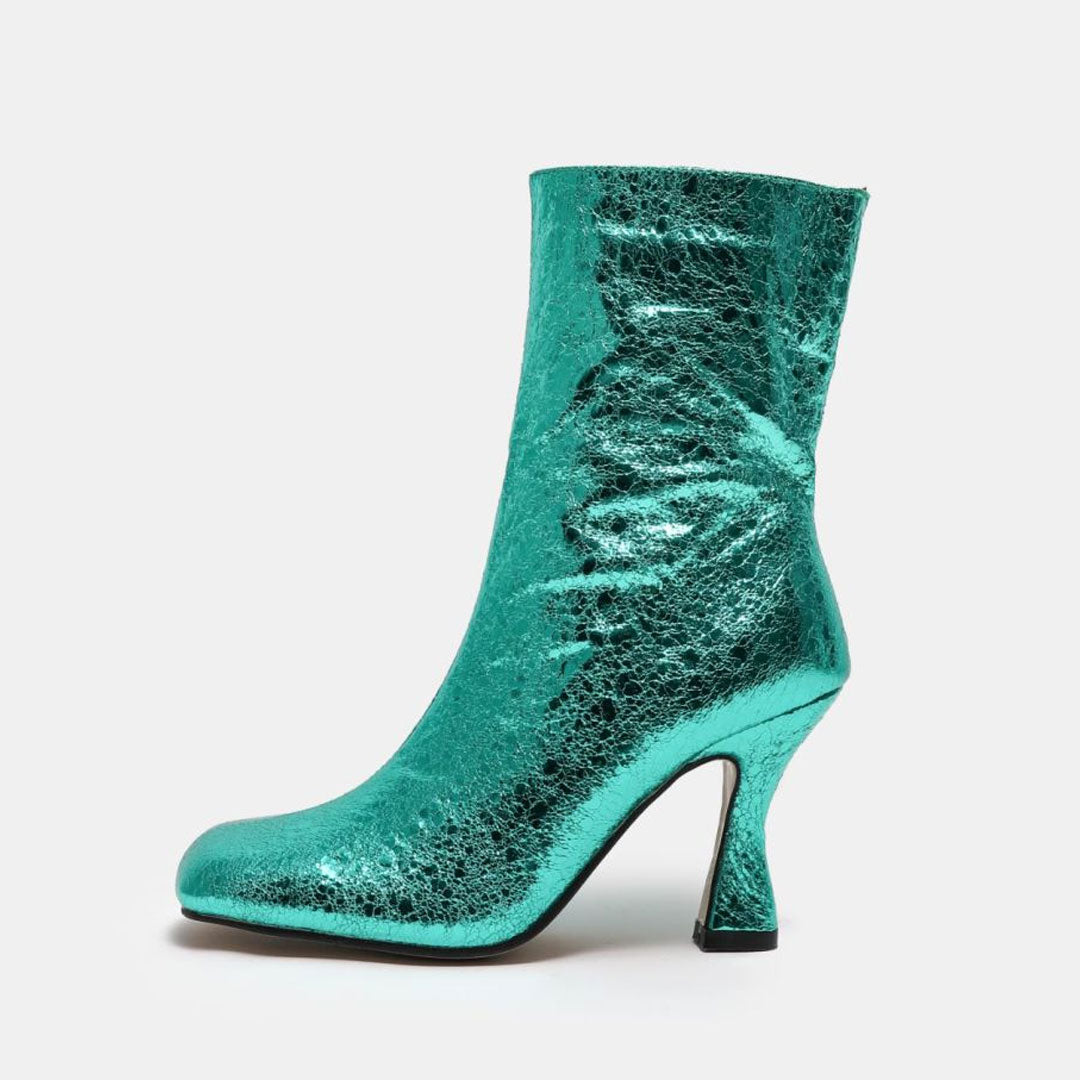 Stiefel Mit Hohem Absatz Und Glänzendem Metallic-Futter Und Quadratischer Zehenpartie - Türkis