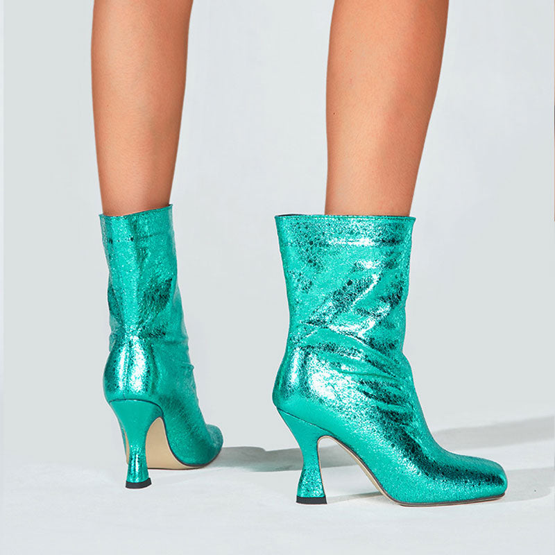 Stiefel Mit Hohem Absatz Und Glänzendem Metallic-Futter Und Quadratischer Zehenpartie - Türkis