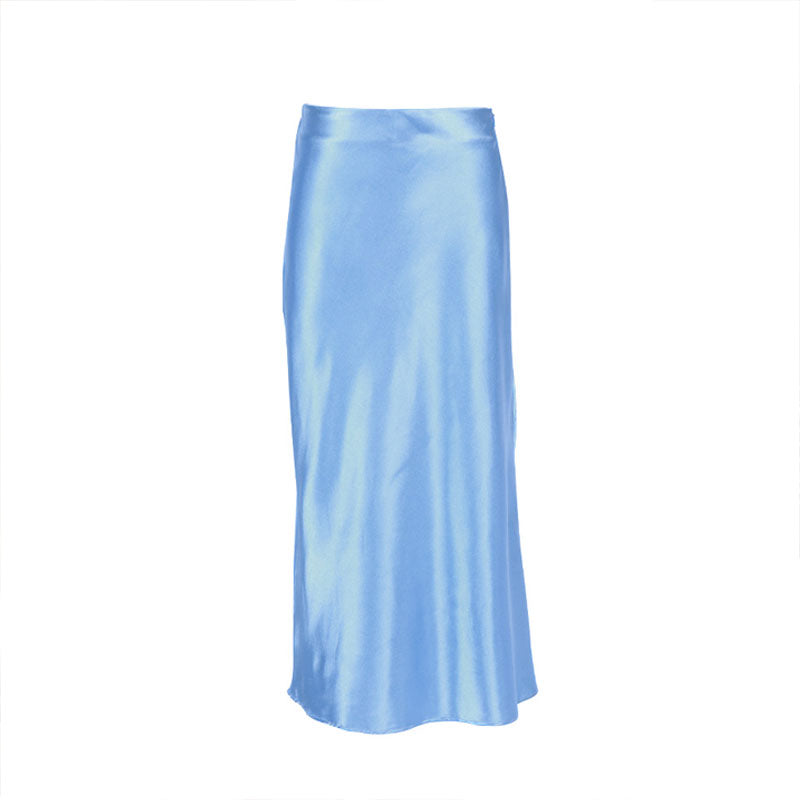 Glänzender Midirock Aus Satin Mit Hoher Taille – Blau, Seitlicher Reißverschluss Und Fischschwanzdetail