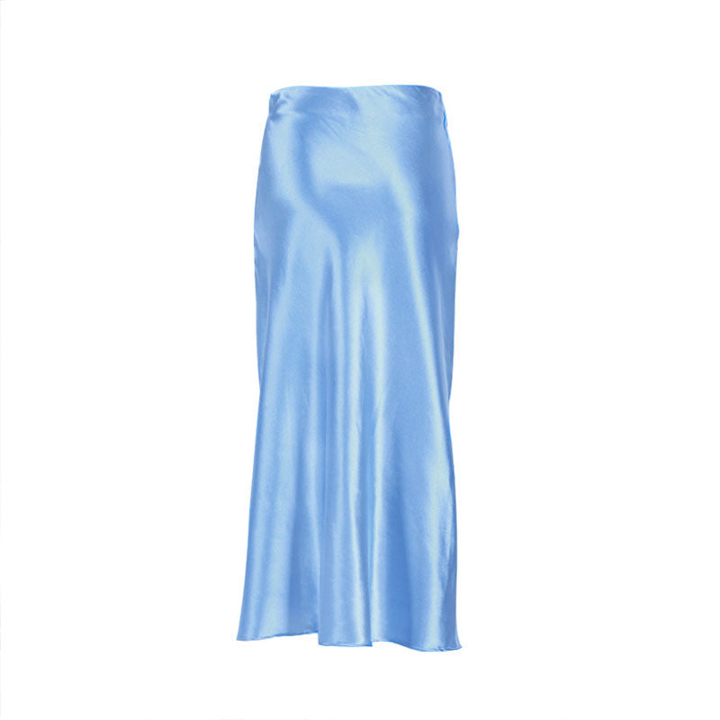 Glänzender Midirock Aus Satin Mit Hoher Taille – Blau, Seitlicher Reißverschluss Und Fischschwanzdetail