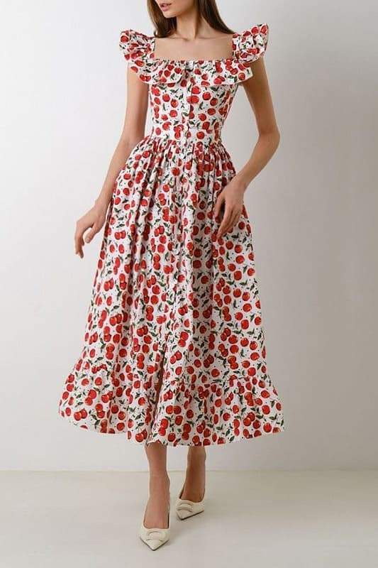 Midikleid Mit Dünnen Trägern Und Kirschmuster