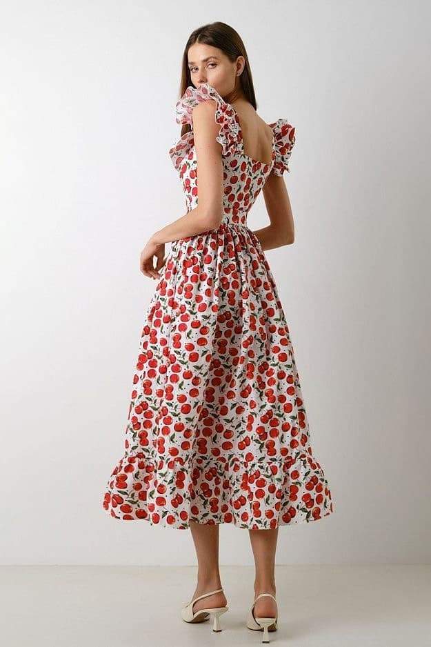 Midikleid Mit Dünnen Trägern Und Kirschmuster