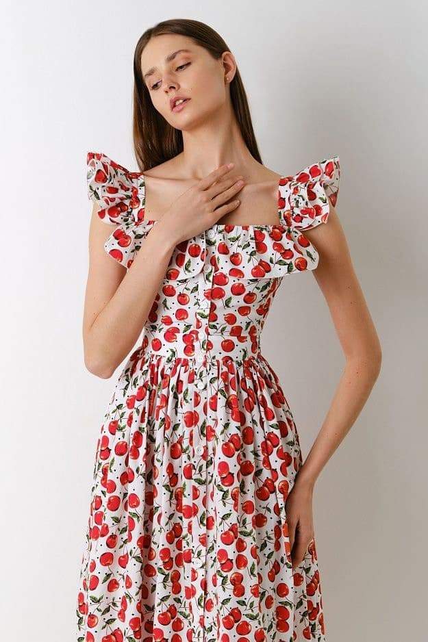 Midikleid Mit Dünnen Trägern Und Kirschmuster