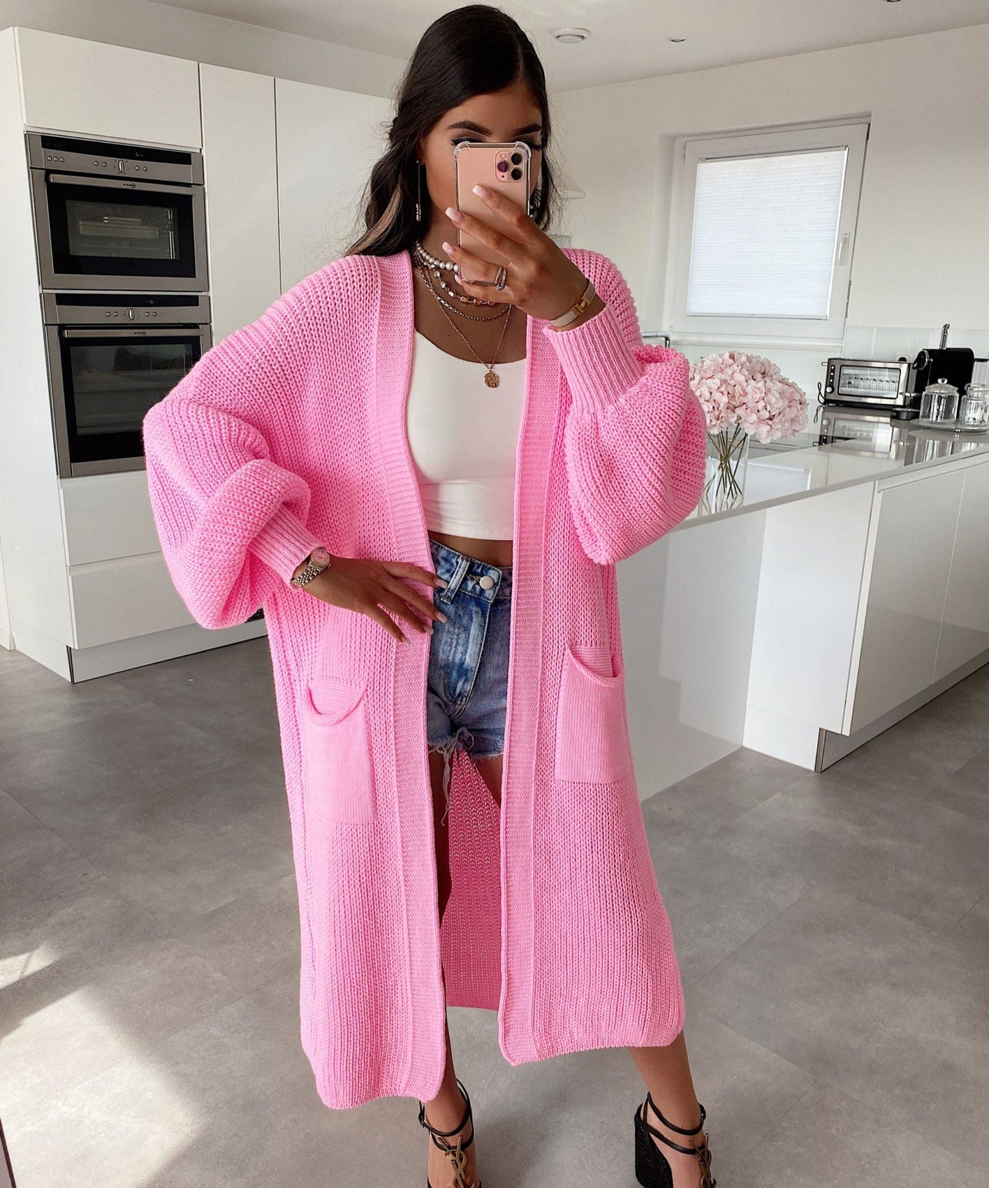 Hellrosa Maxi-Strickjacke