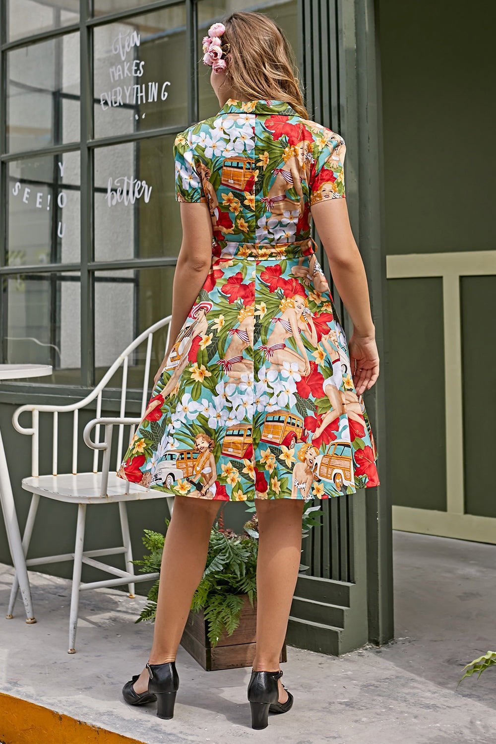 Midikleid Aus Baumwolle Mit Retro-Muster Und Gürtel