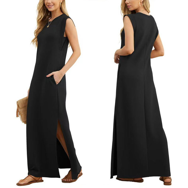 Ärmelloses Maxikleid Aus Dicker Viskose Mit Riemchen