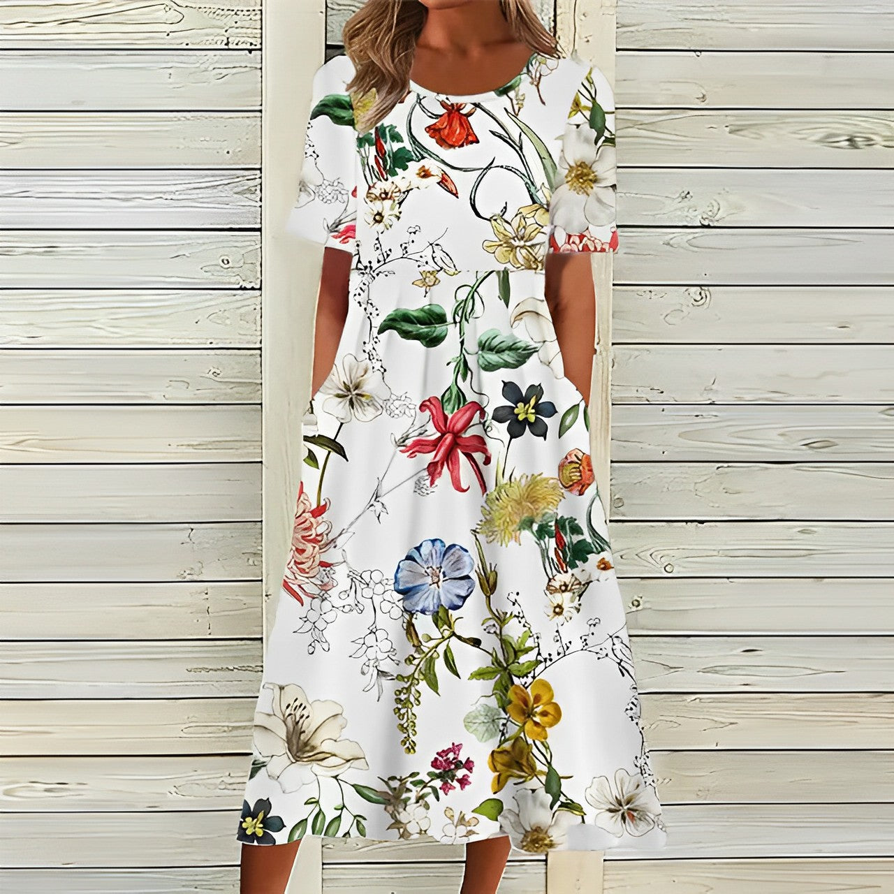 Elegantes Weißes Kleid Mit Blumenmuster