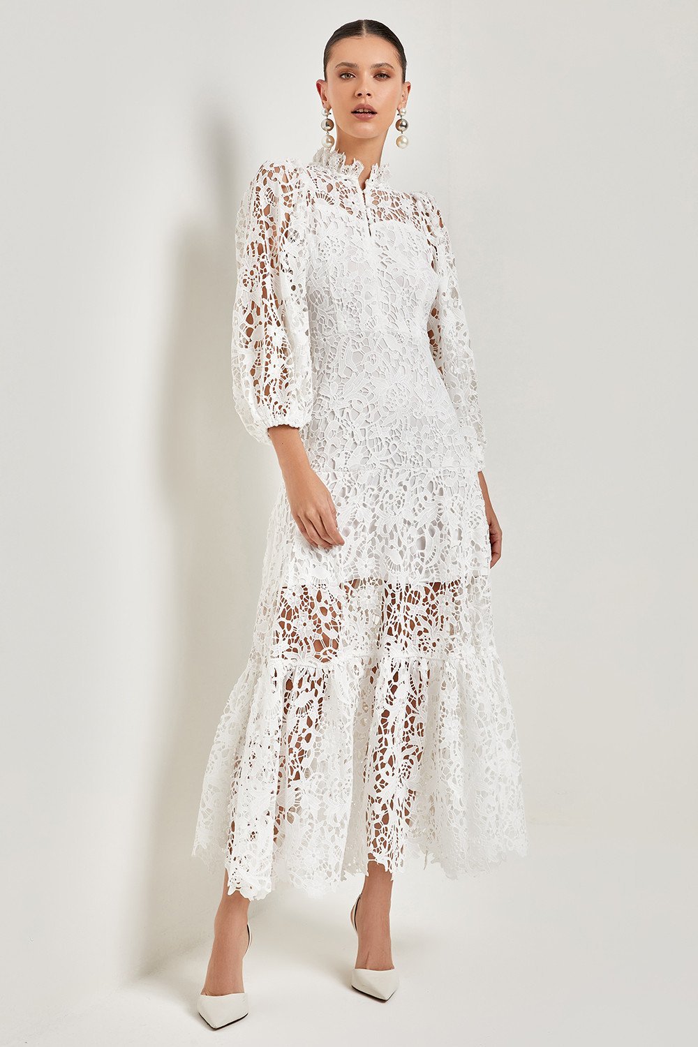 Maxikleid Mit Volant Und Bestickter Spitzenkante
