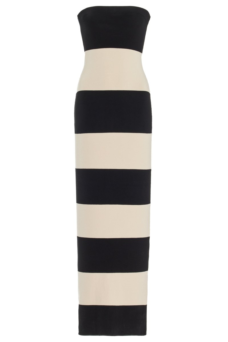 Trägerloses Gestreiftes Midi-Strickkleid