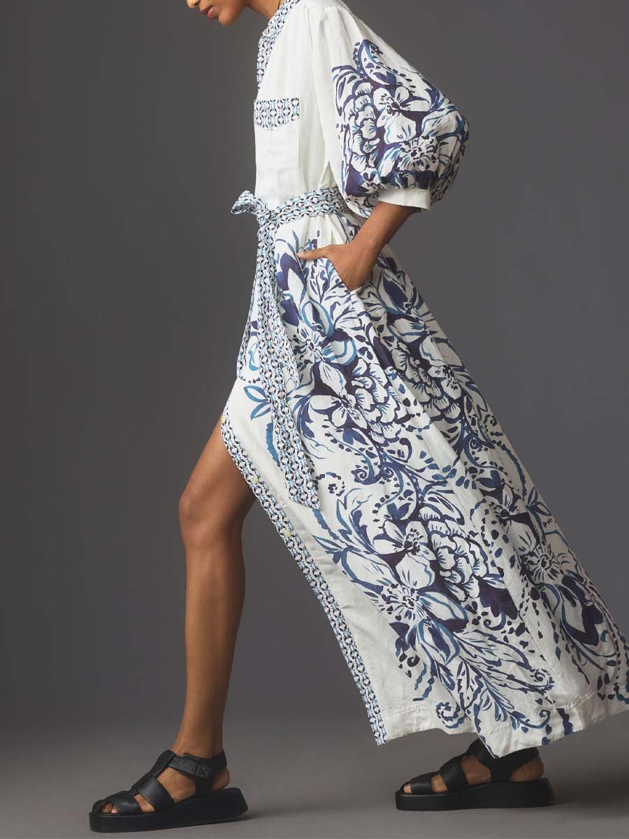 Geknöpftes Langarm-Hemdkleid Aus Leinen