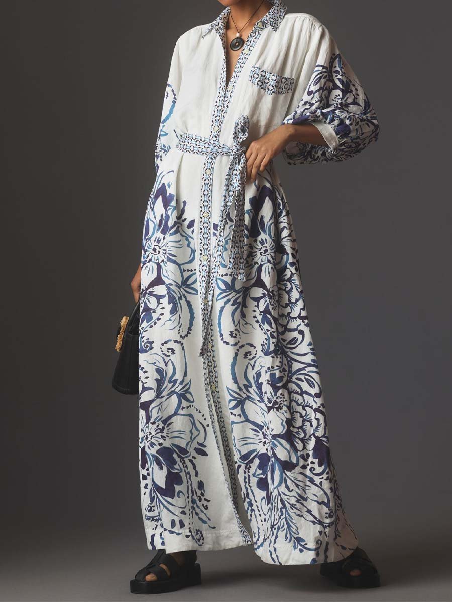 Geknöpftes Langarm-Hemdkleid Aus Leinen