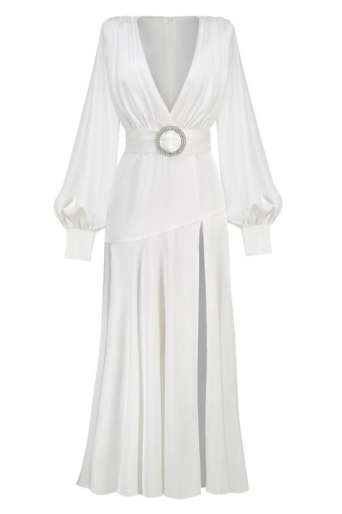 Maxikleid Mit V-Ausschnitt, Gürtel Und Schlitz