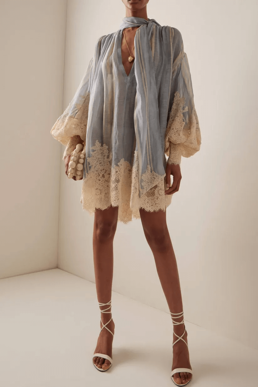 Minikleid Mit Laternenärmeln Und Spitzenbesatz