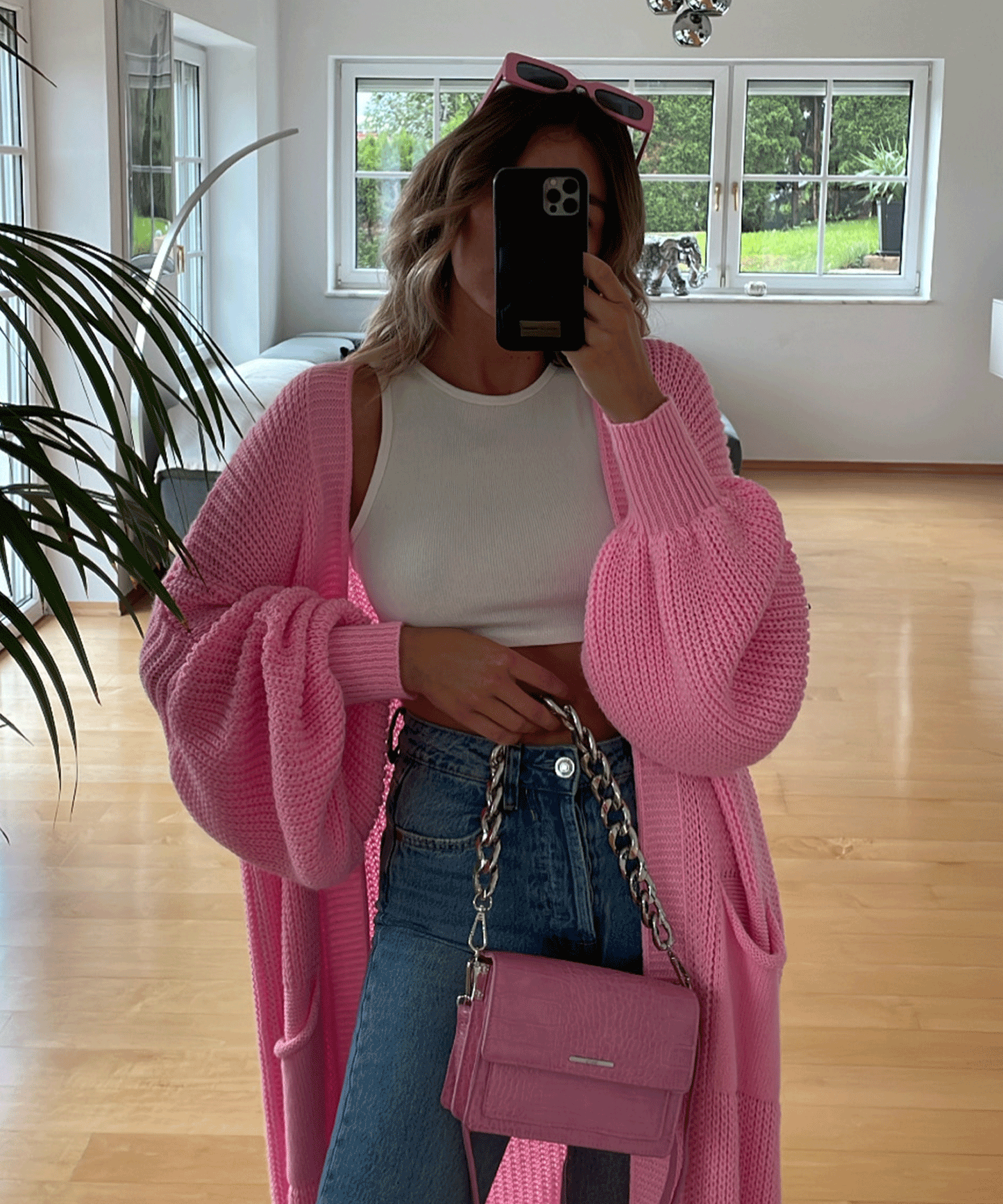 Hellrosa Maxi-Strickjacke