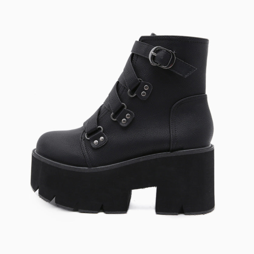 Schwarze Punk-Plateaustiefel Für Damen Mit Dicker Ferse Und Schnalle