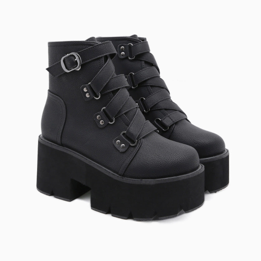 Schwarze Punk-Plateaustiefel Für Damen Mit Dicker Ferse Und Schnalle