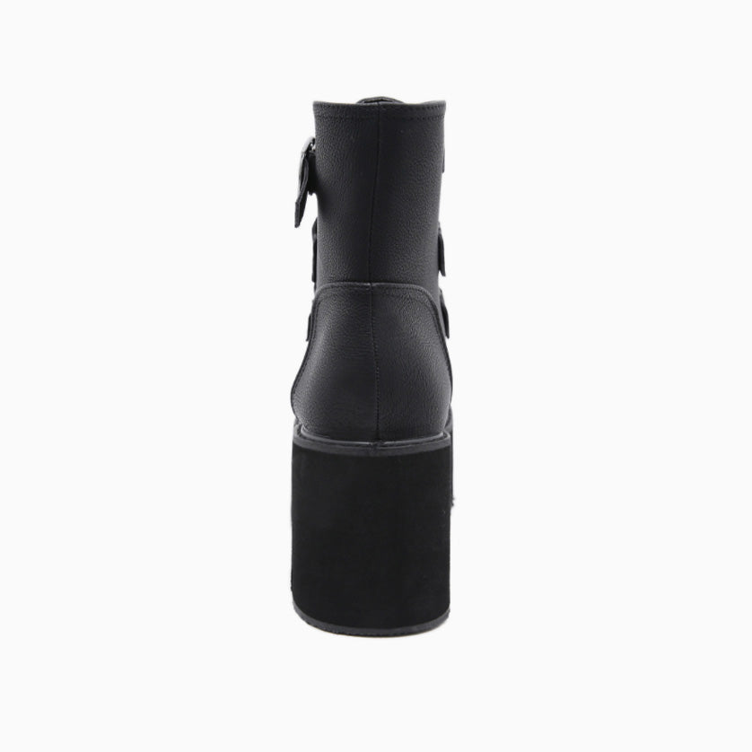 Schwarze Punk-Plateaustiefel Für Damen Mit Dicker Ferse Und Schnalle