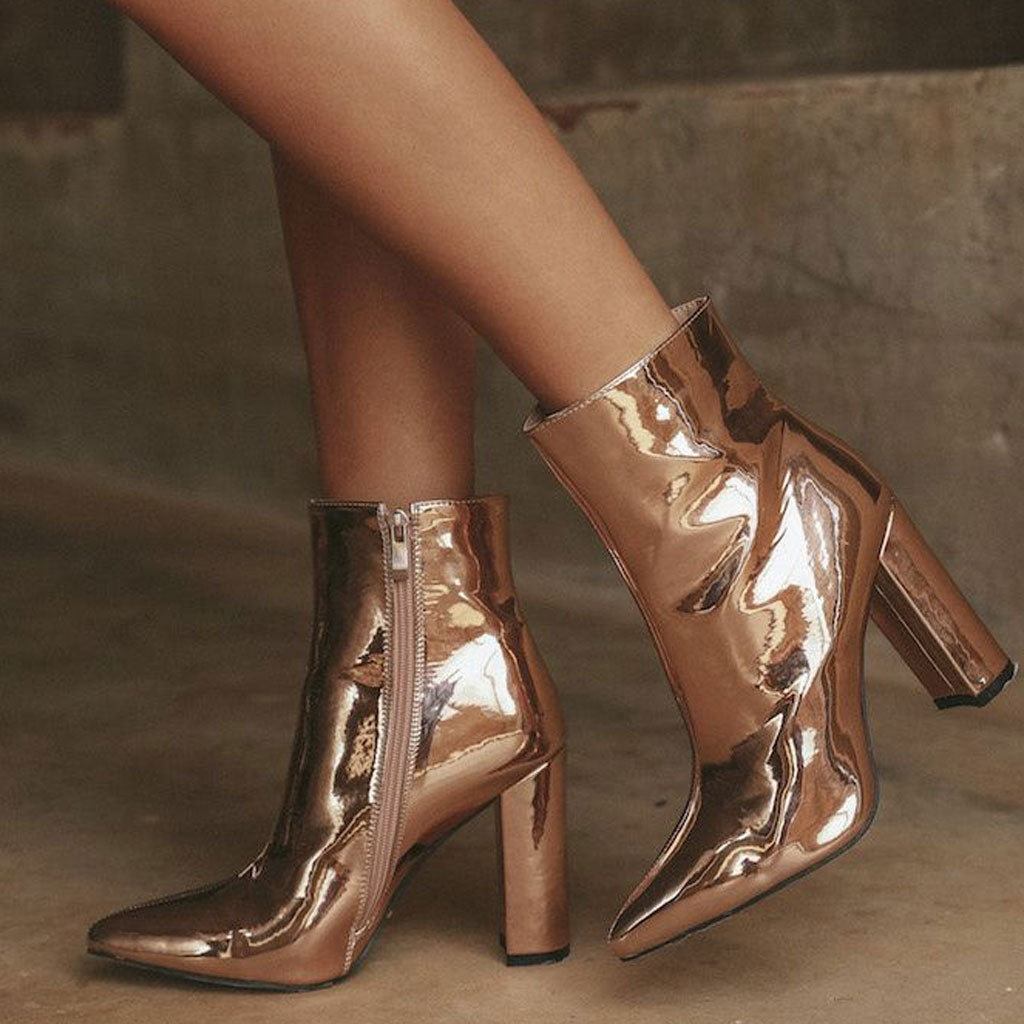 Stiefeletten Mit Seitlicher, Dicker Ferse Und Goldener Metallic-Spitze – Reißverschluss