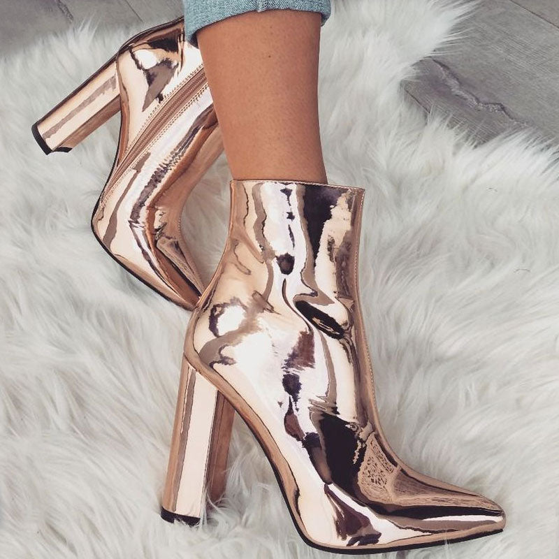 Stiefeletten Mit Seitlicher, Dicker Ferse Und Goldener Metallic-Spitze – Reißverschluss