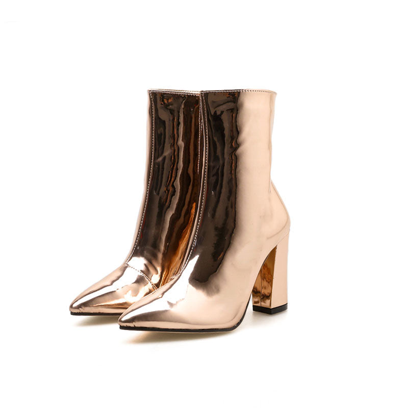 Stiefeletten Mit Seitlicher, Dicker Ferse Und Goldener Metallic-Spitze – Reißverschluss