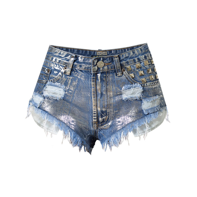 Blaue Zerrissene Jeansshorts Mit Hoher Taille Und Metallnieten