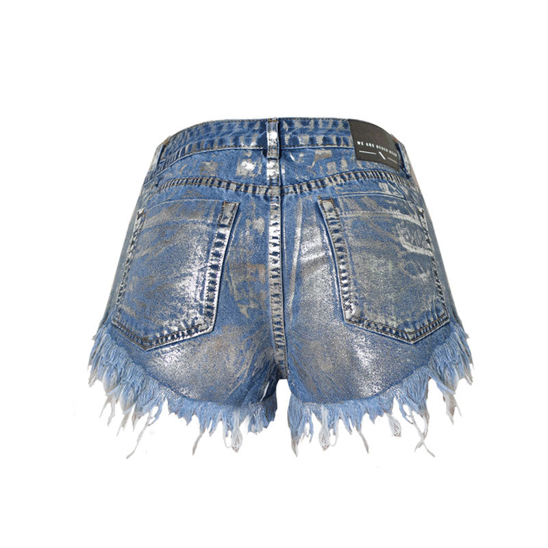 Blaue Zerrissene Jeansshorts Mit Hoher Taille Und Metallnieten