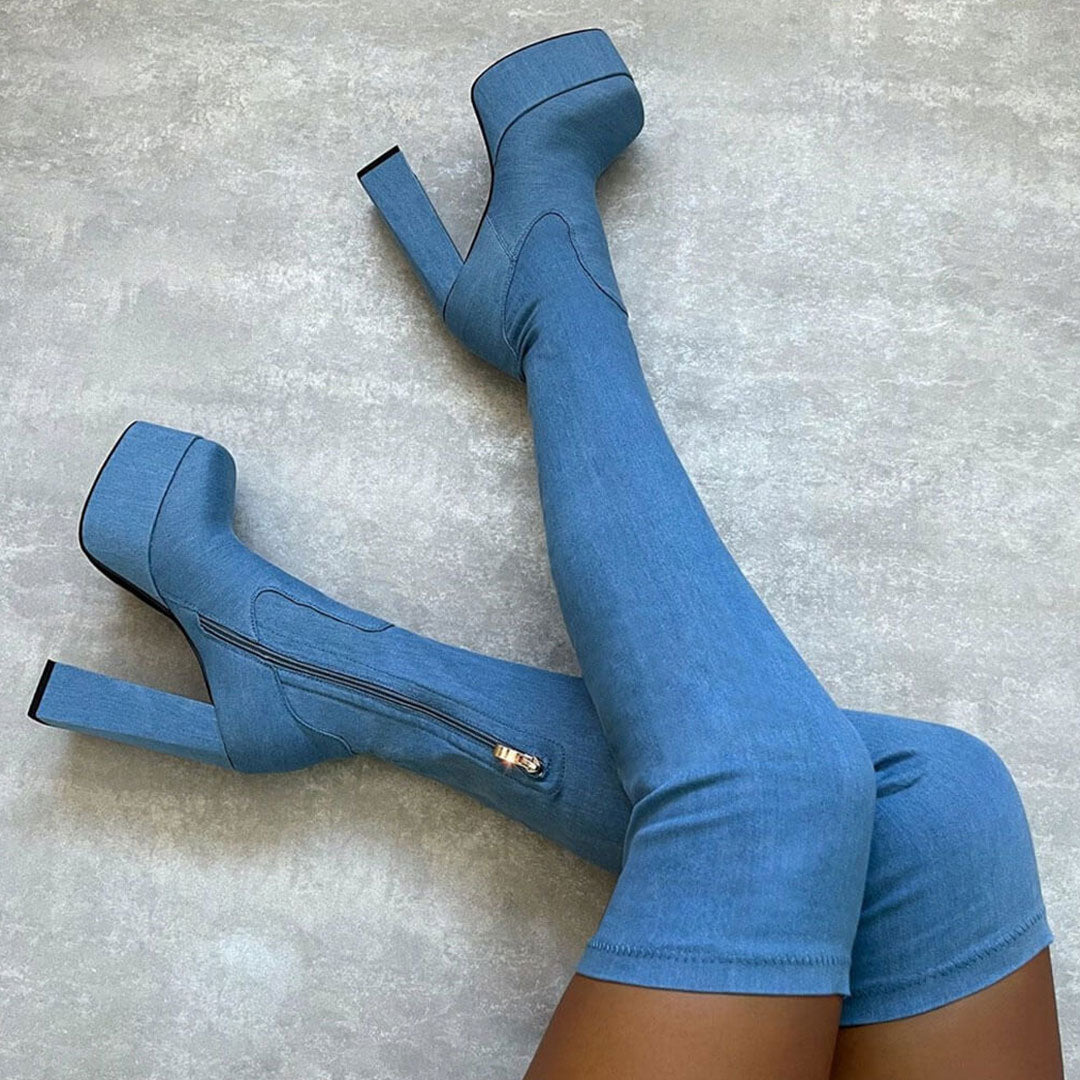 Minimalistische Overknee-Stiefel Mit Hohem Absatz Und Plateau İn Jeansblau