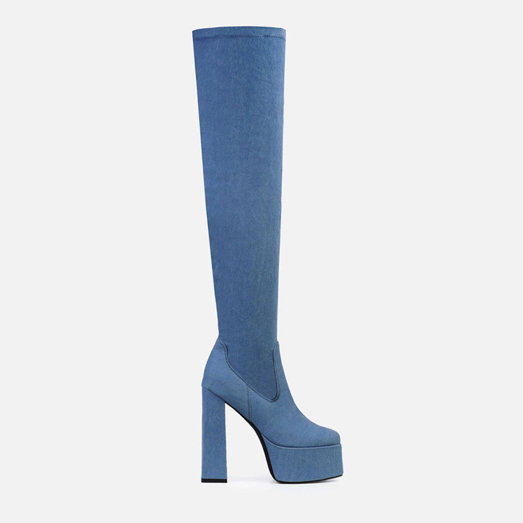 Minimalistische Overknee-Stiefel Mit Hohem Absatz Und Plateau İn Jeansblau