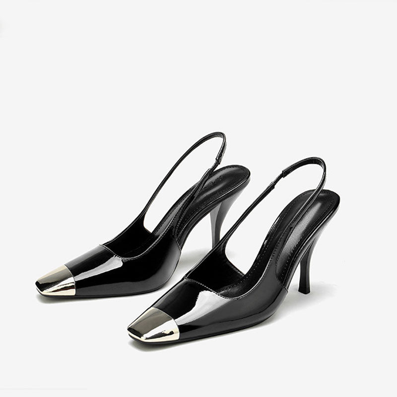 Stilvolle Slingback-High-Heels Aus Lackleder Mit Quadratischer Zehenpartie Aus Metall - Schwarz
