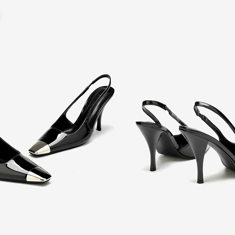 Stilvolle Slingback-High-Heels Aus Lackleder Mit Quadratischer Zehenpartie Aus Metall - Schwarz