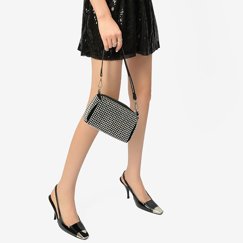 Stilvolle Slingback-High-Heels Aus Lackleder Mit Quadratischer Zehenpartie Aus Metall - Schwarz
