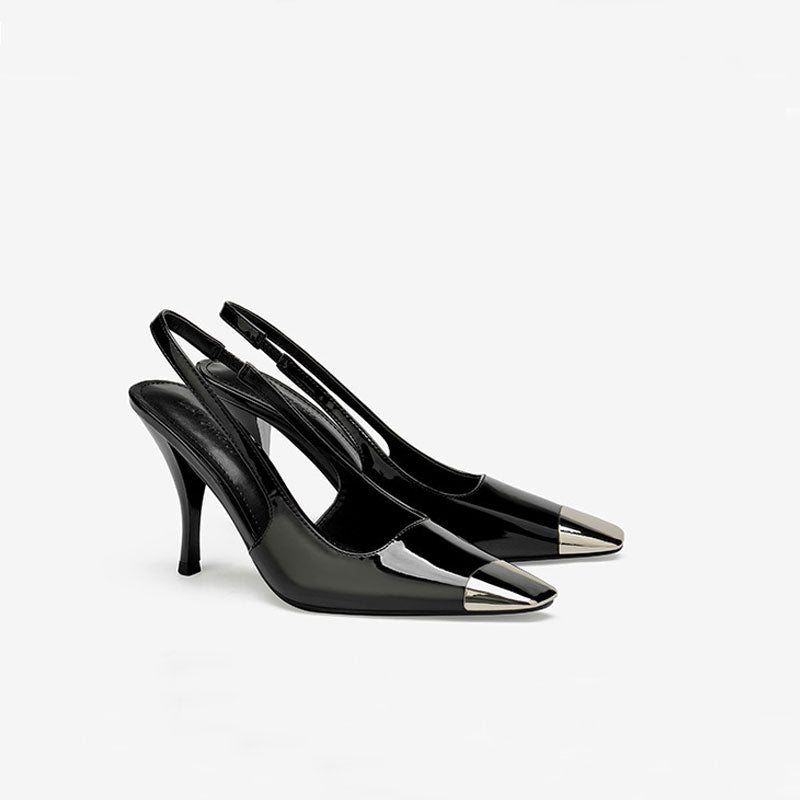Stilvolle Slingback-High-Heels Aus Lackleder Mit Quadratischer Zehenpartie Aus Metall - Schwarz