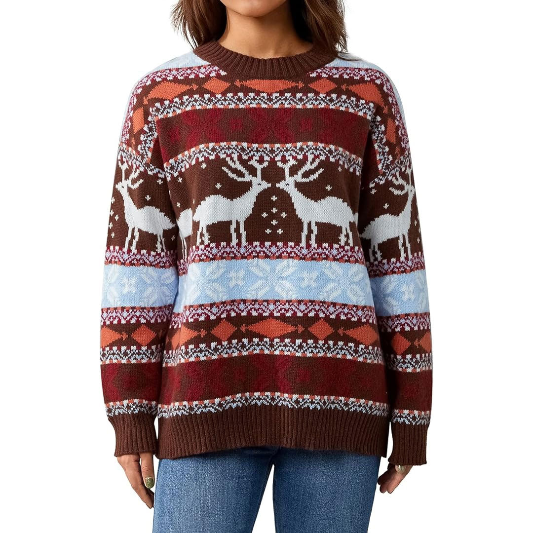 Gemusterter Oversize Weihnachtspullover - Braun Rundhals